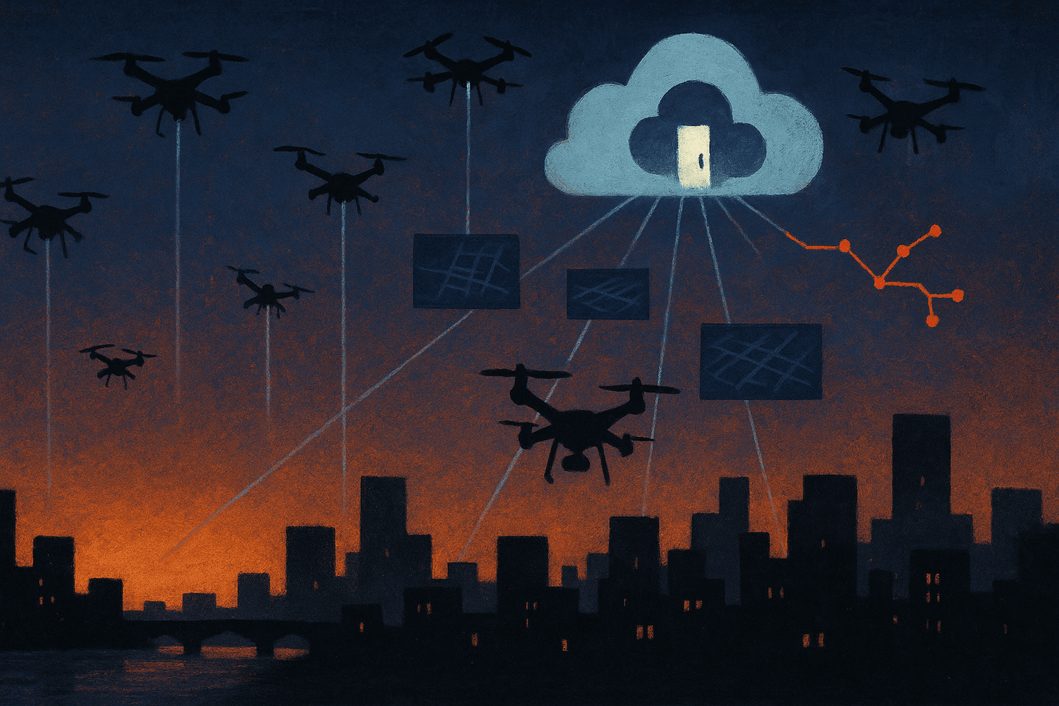 Conceptual editorial illustration of police-drone camera feeds exposed through an inadequately protected sharing link.
