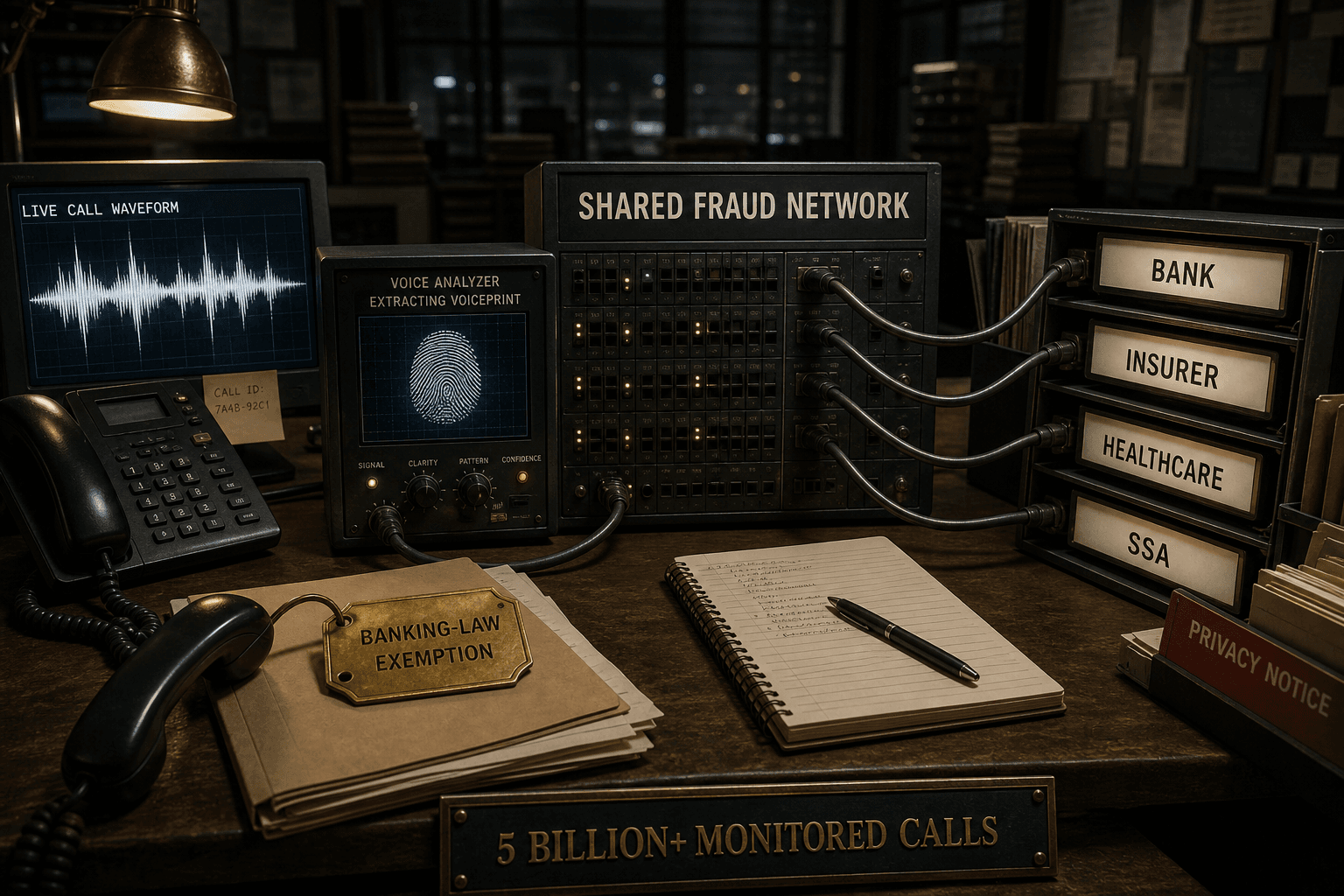 Call-center voiceprint system connecting banking, insurance, healthcare, and Social Security calls through one shared fraud network.
