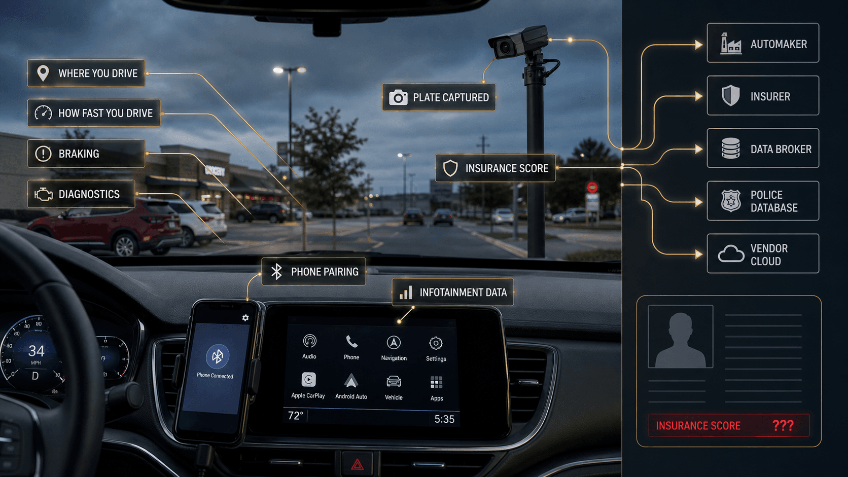 Car collector graphic showing telematics, tolls, plate readers, and phone pairing.