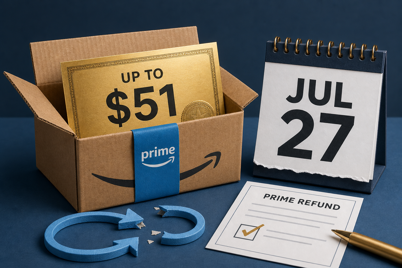 An Amazon Prime package containing a card marked up to $51, beside a July 27 calendar and a Prime refund claim form