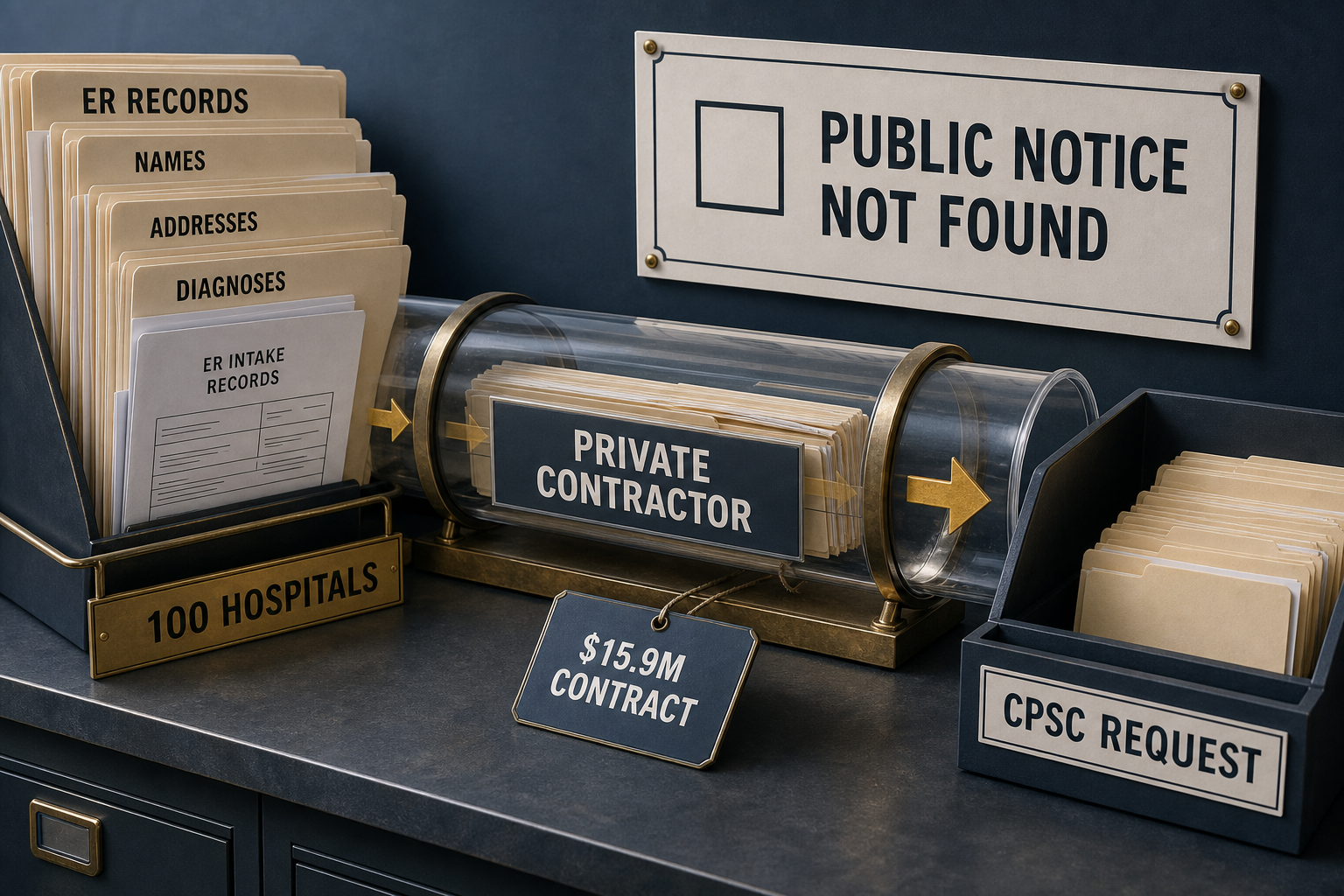 A desk covered in labeled evidence: a folder stack marked ER RECORDS, NAMES, ADDRESSES, DIAGNOSES, and ER INTAKE RECORDS sits next to a tube of records marked PRIVATE CONTRACTOR and tagged $15.9M CONTRACT, a box marked CPSC REQUEST, and a wall sign reading PUBLIC NOTICE NOT FOUND