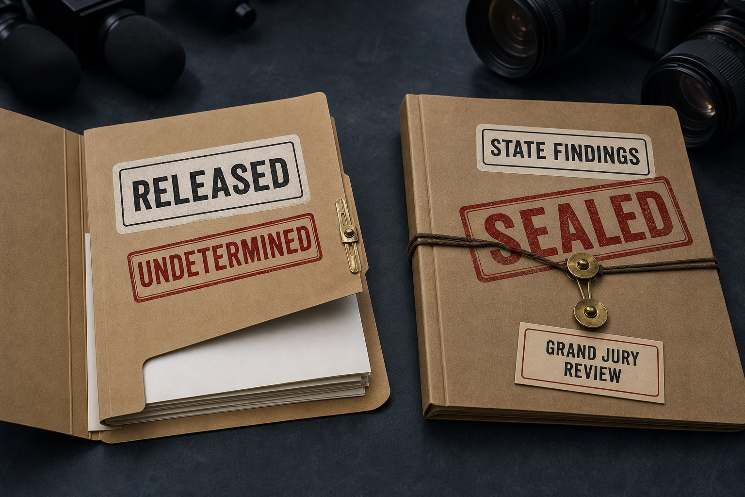 two case files side by side: one open, labeled RELEASED and UNDETERMINED; one still tied shut, labeled STATE FINDINGS, SEALED, and GRAND JURY REVIEW, surrounded by press microphones and camera lenses