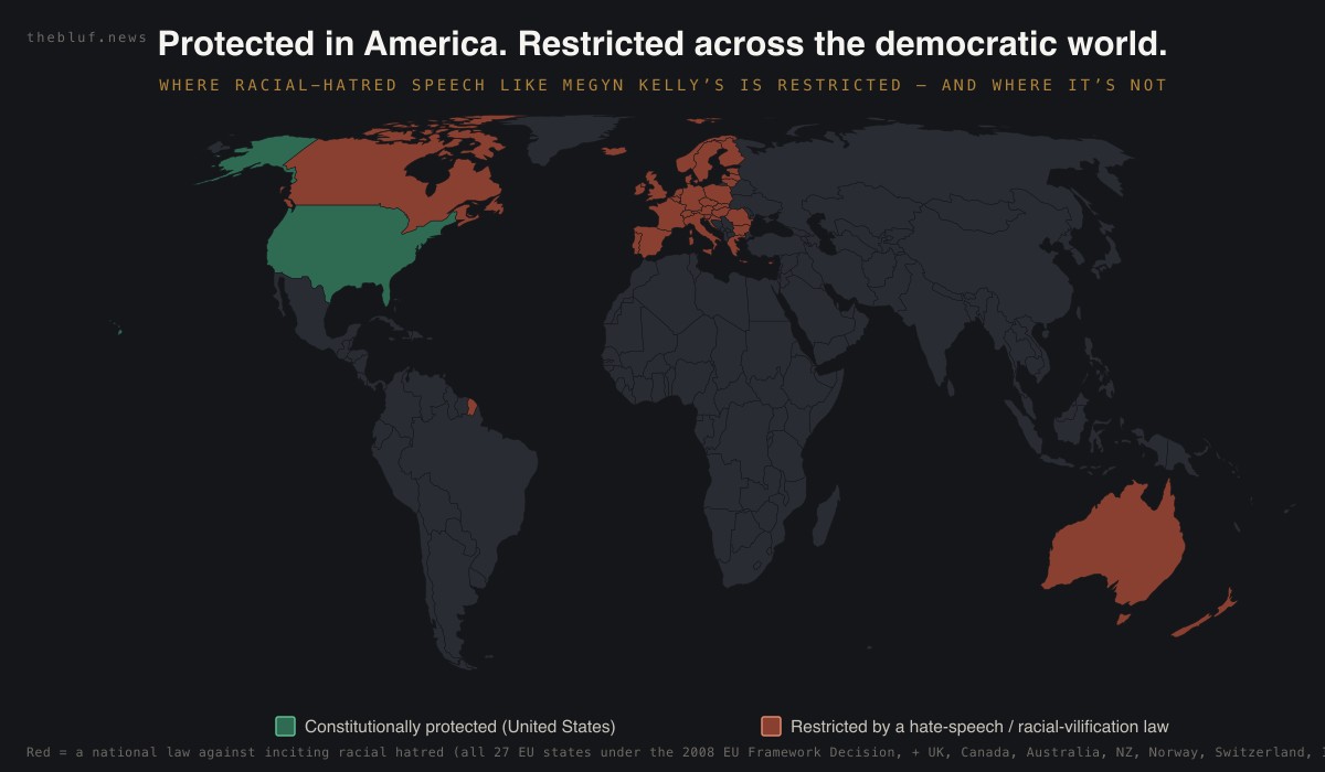 World map: the same on-air remarks are protected speech in the United States but a hate-speech offence across most of the democratic world.