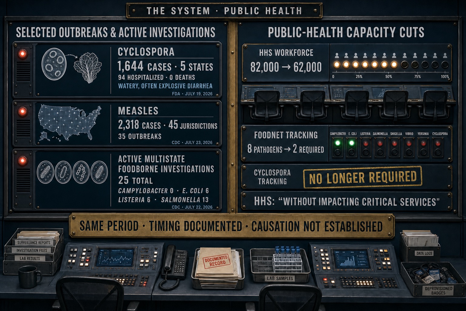 A control-room graphic comparing selected outbreaks and active foodborne investigations (Cyclospora, measles, foodborne pathogens) against HHS workforce and surveillance cuts during the same period, with the caption: same period, timing documented, causation not established