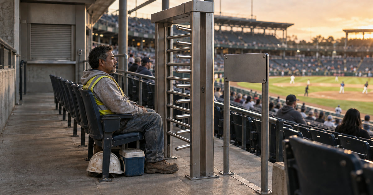 A man in work clothes sits past a stadium turnstile, watching a baseball game already in progress from the stands