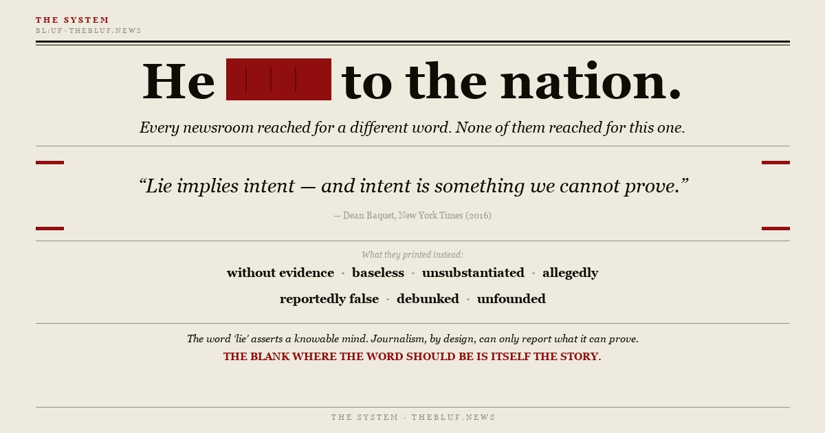 A newspaper headline reading “He ▮▮▮ to the nation,” the key word blacked out — over the euphemisms newsrooms print instead.