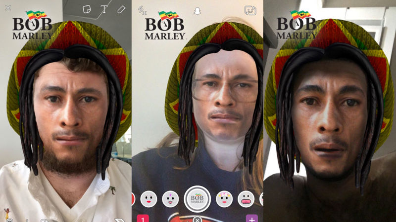 Snapchat's 2016 Bob Marley filter, screenshotted