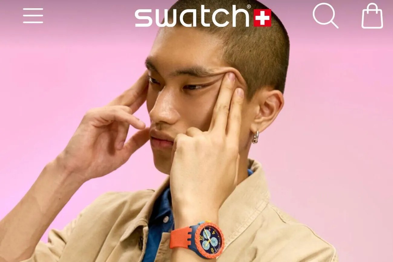 Swatch's 2025 campaign image with the eye-pull gesture