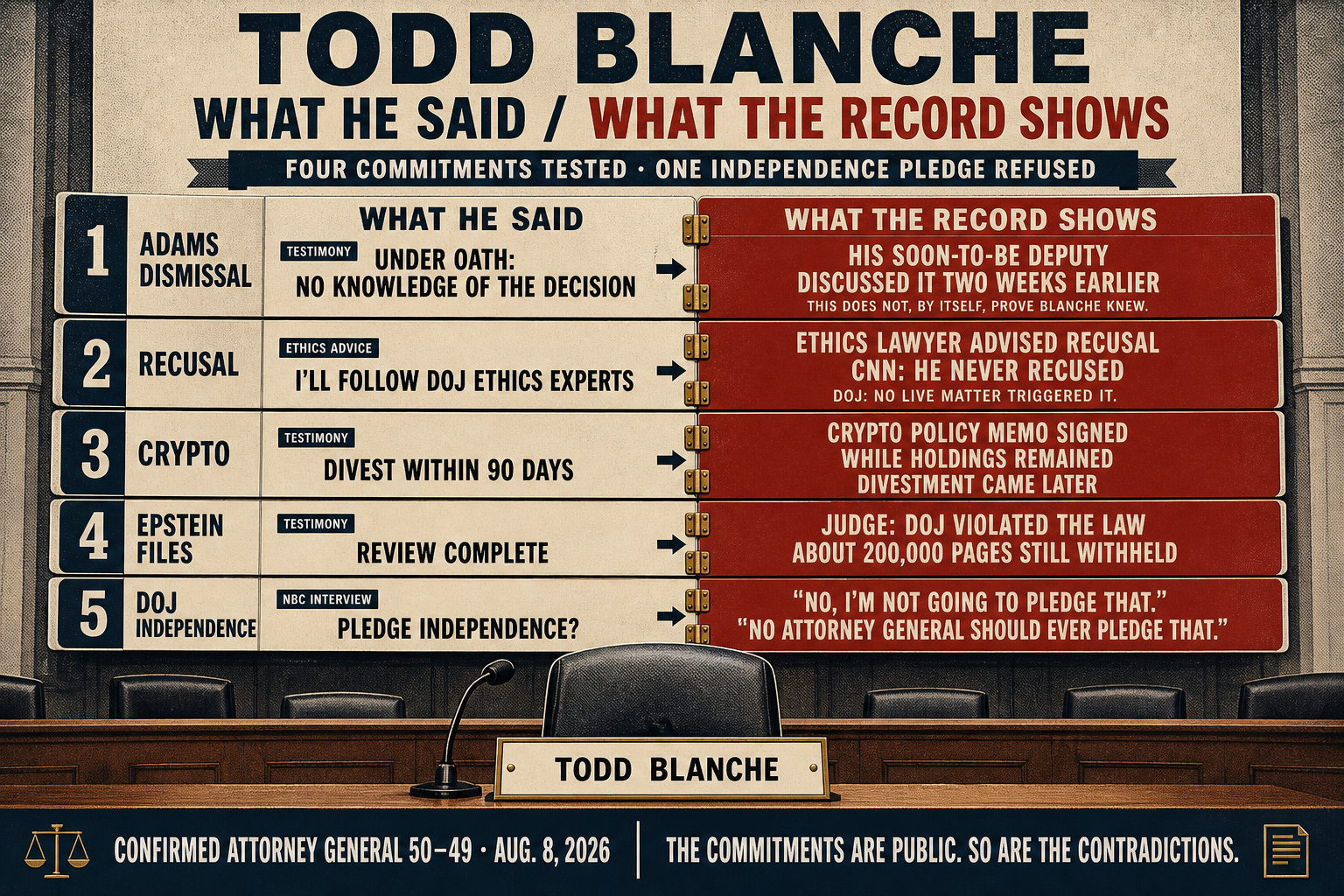 Todd Blanche Told the Senate Under Oath He Knew Nothing About the Adams Dismissal. His Soon-to-Be Deputy Was Already Discussing It.