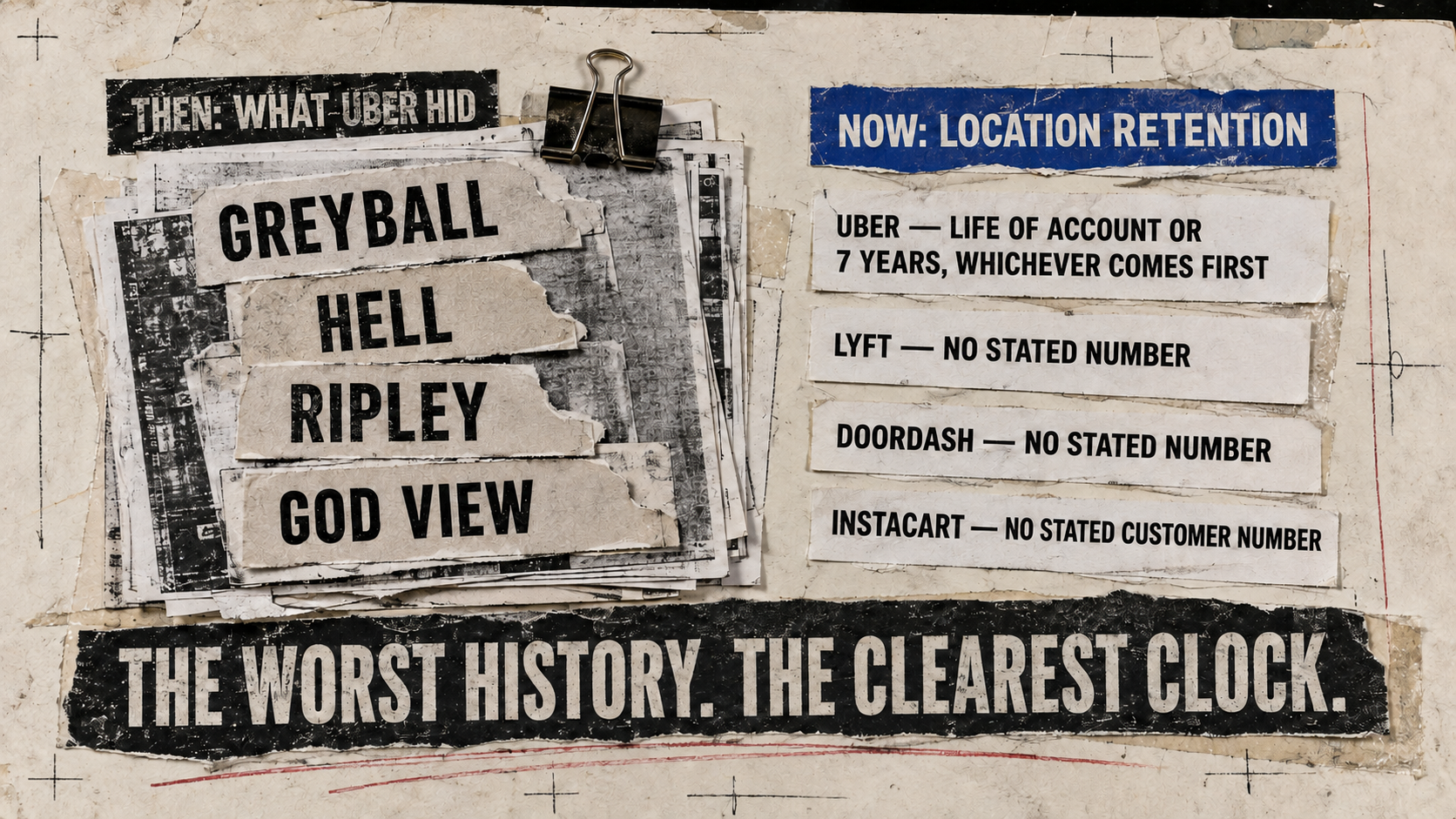 Uber's historical secret tools -- Greyball, Hell, Ripley, God View -- laid out as torn case-file tabs next to a clipped comparison of each company's current stated location-retention policy: Uber gives a specific number, Lyft, DoorDash, and Instacart do not. The caption reads "The worst history. The clearest clock."